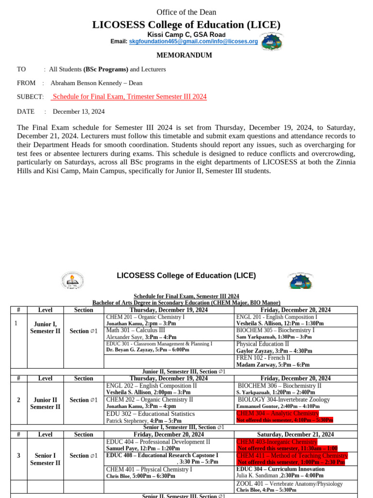 BSc Final Exam Schedule Dec 2024 | PDF | Academic Term | Science