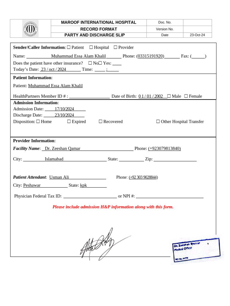 Patient Admission and Discharge Form | PDF