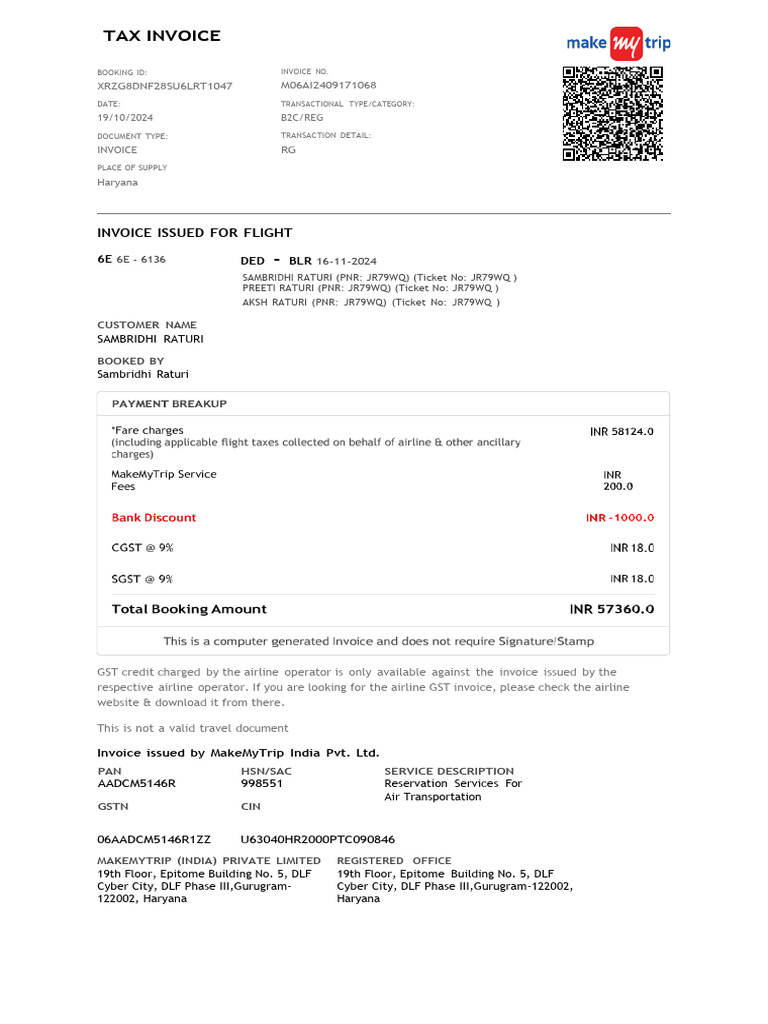 Flight Booking Invoice for Sambridhi Raturi | PDF