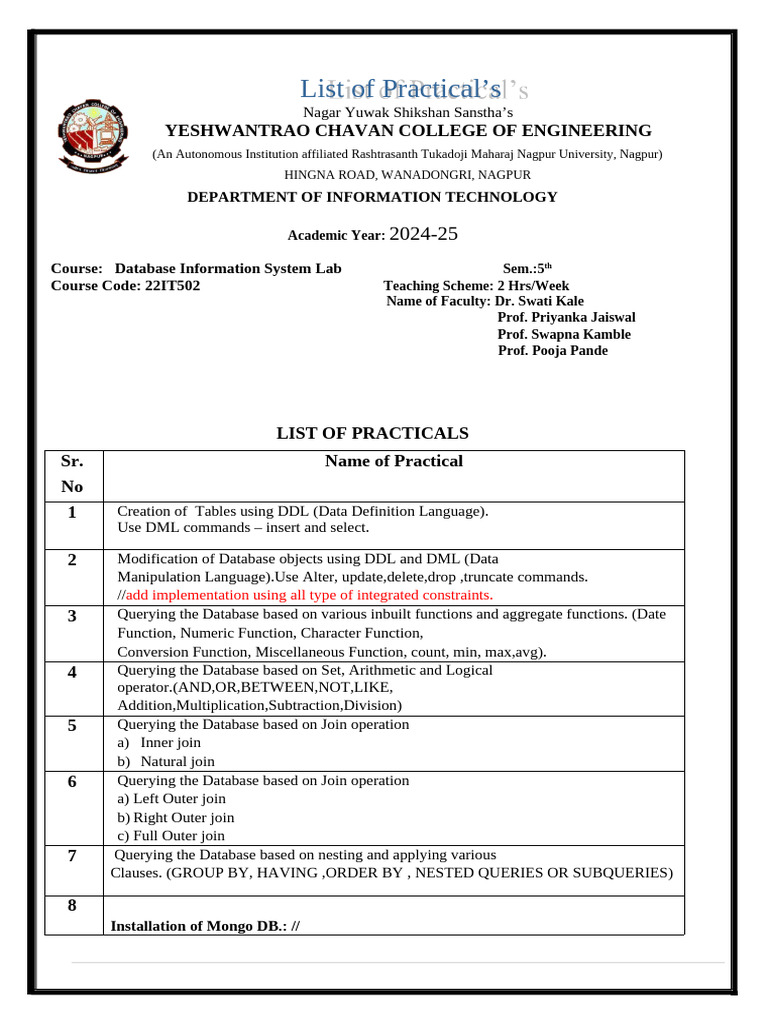 Database Practical List for 2024-25 | PDF | Computer Programming ...