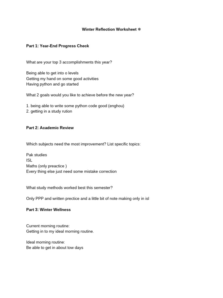 Winter Reflection Worksheet Done | PDF