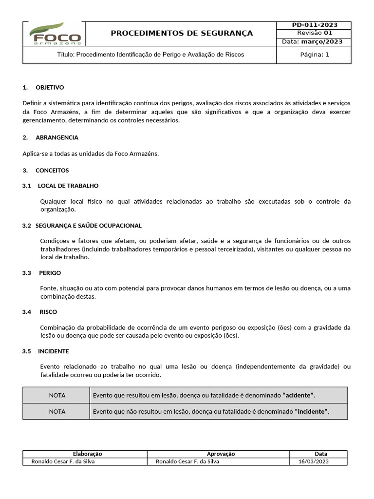 Identificação de Perigos e Riscos SSO | PDF | Fator de risco ...