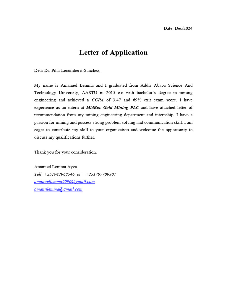 AMANUEL -Letter of Application | PDF