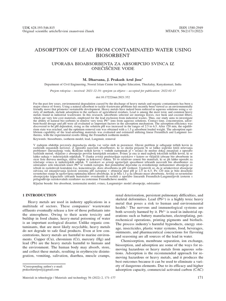 Lead Removal from Water Using Biosorbents | PDF | Adsorption | Water ...