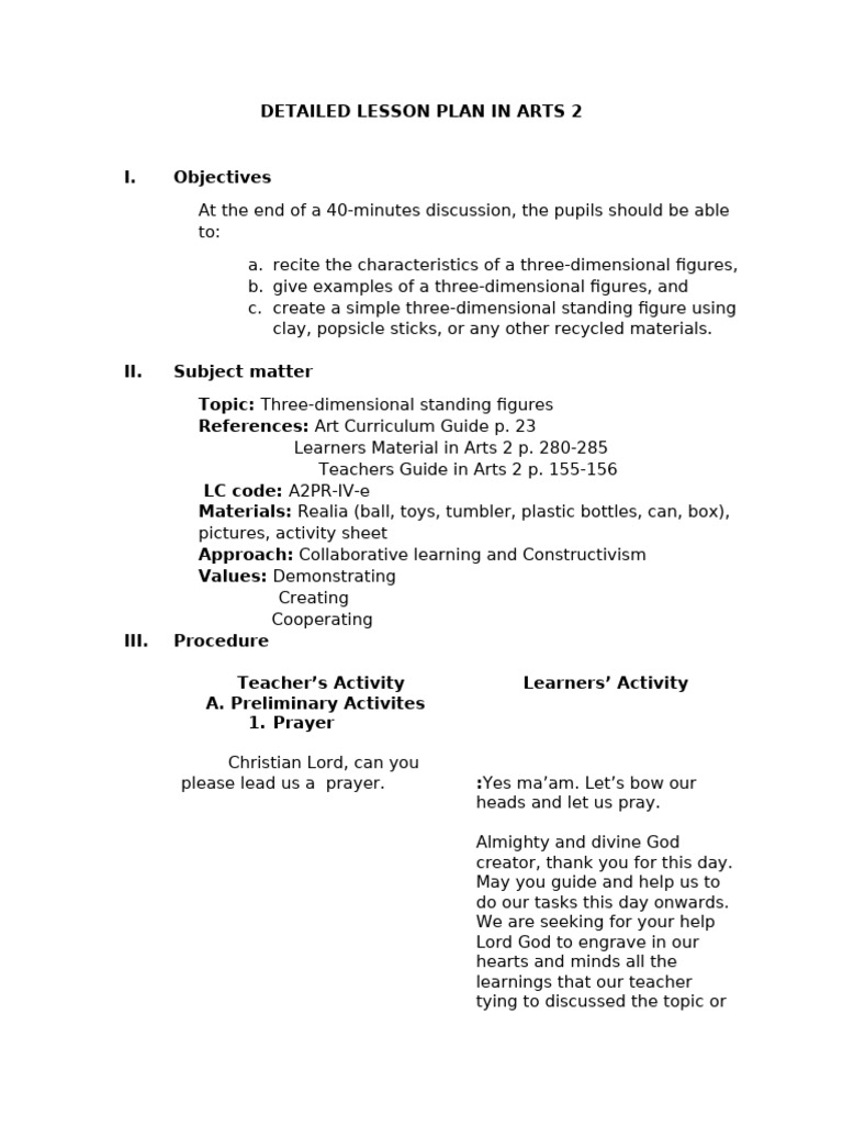 Detailed Lesson Plan in Arts 2 | PDF | Prayer | Sphere