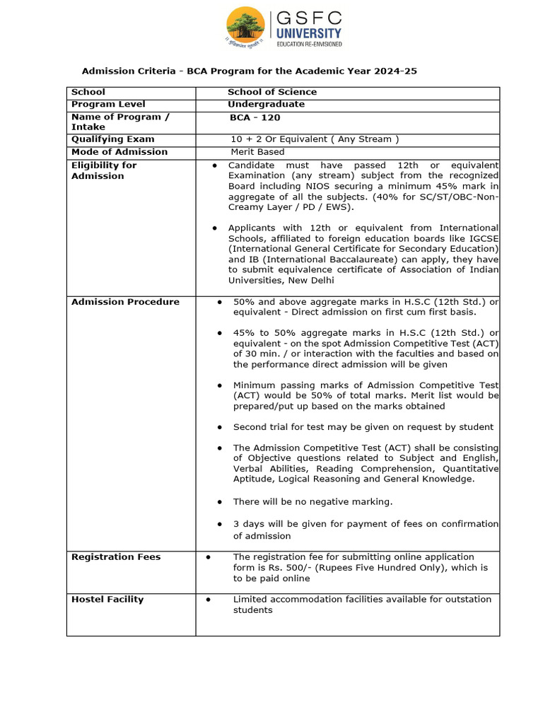 BCA Admission Criteria 2024-25 | PDF | University And College Admission ...