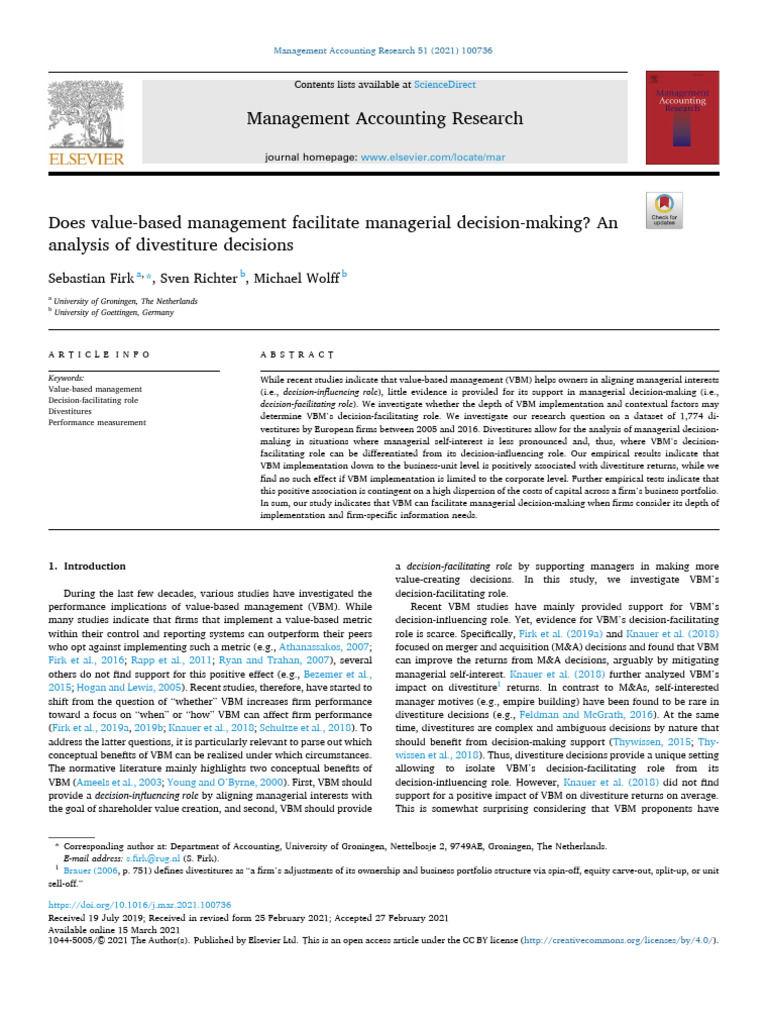 Does Value Based Management Facilitate Managerial Decision Making | PDF ...