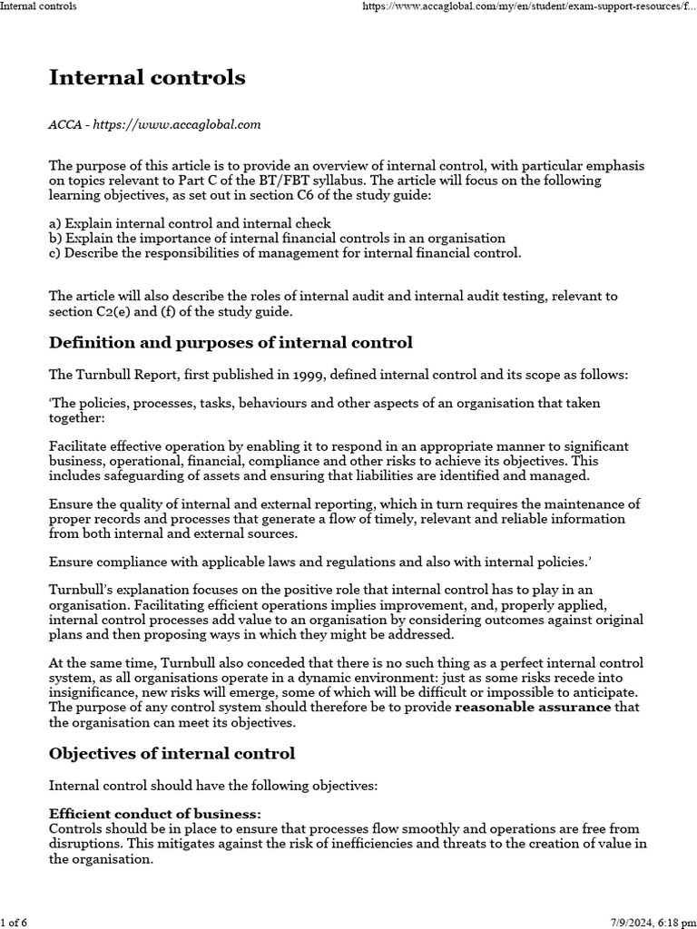 Internal controls - ACCA | PDF | Audit | Internal Control