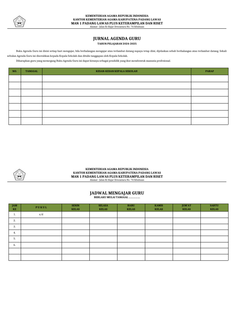 Jurnal Agenda dan Mengajar Guru 2024-2025 | PDF