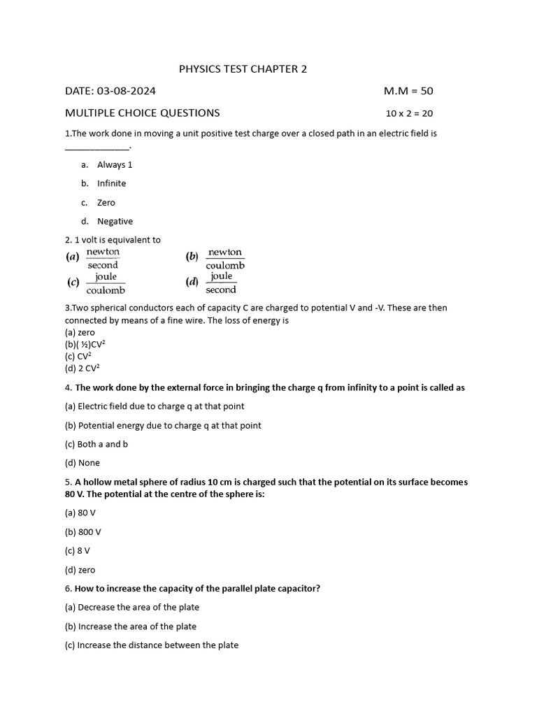 Physics Test: Electric Potential Concepts | PDF | Capacitance | Capacitor