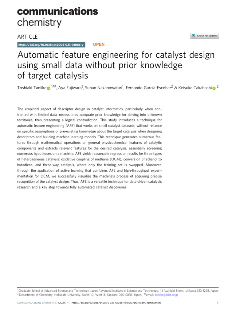 2024 Automatic Feature Engineering For Catalyst Design Using Small Data ...
