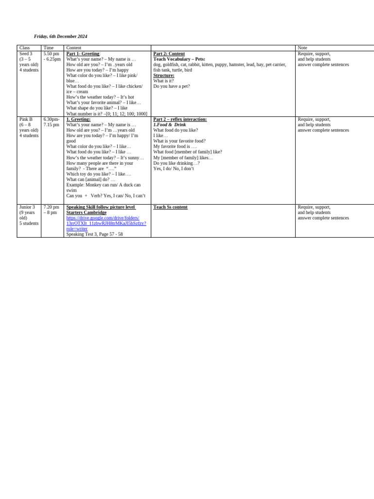 Kids English Class Lesson Plan | PDF