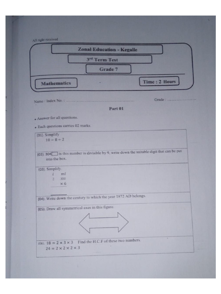 Grade 7 Third Term Test Mathematics Kegalle Zone | PDF