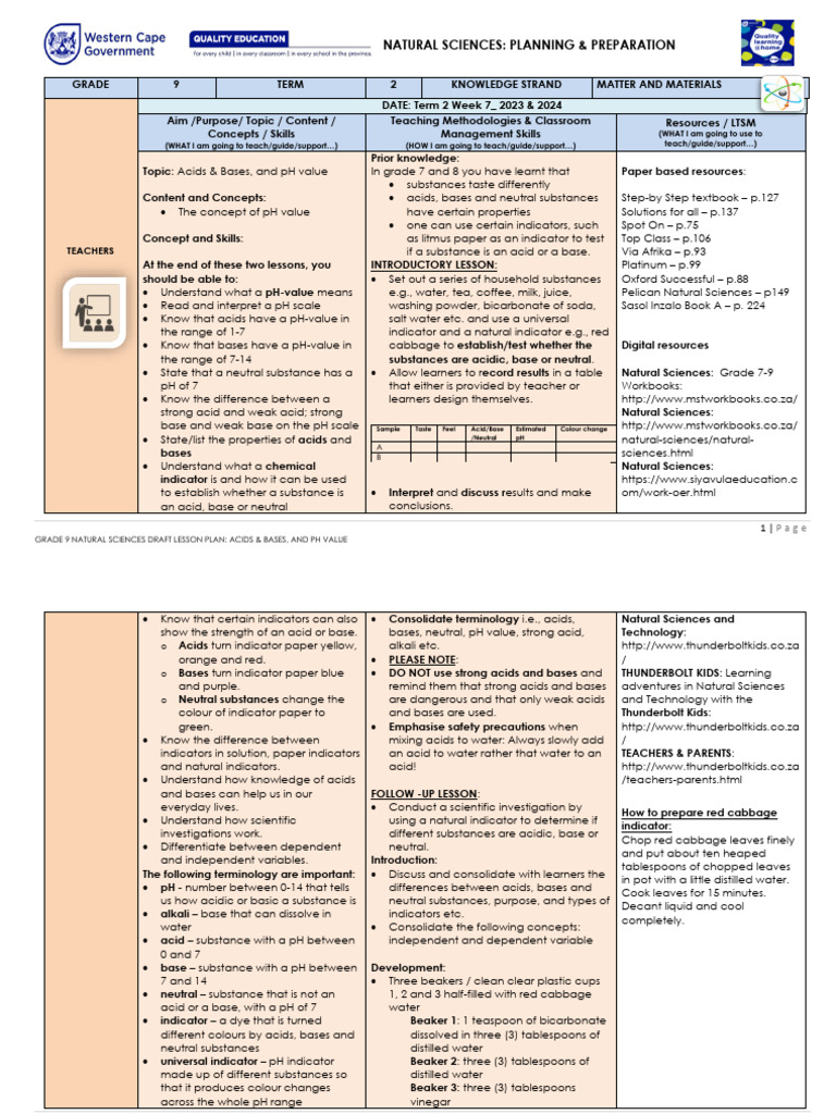 Grade 9 Lesson Plan: Acids, Bases, pH | PDF | Ph | Acid