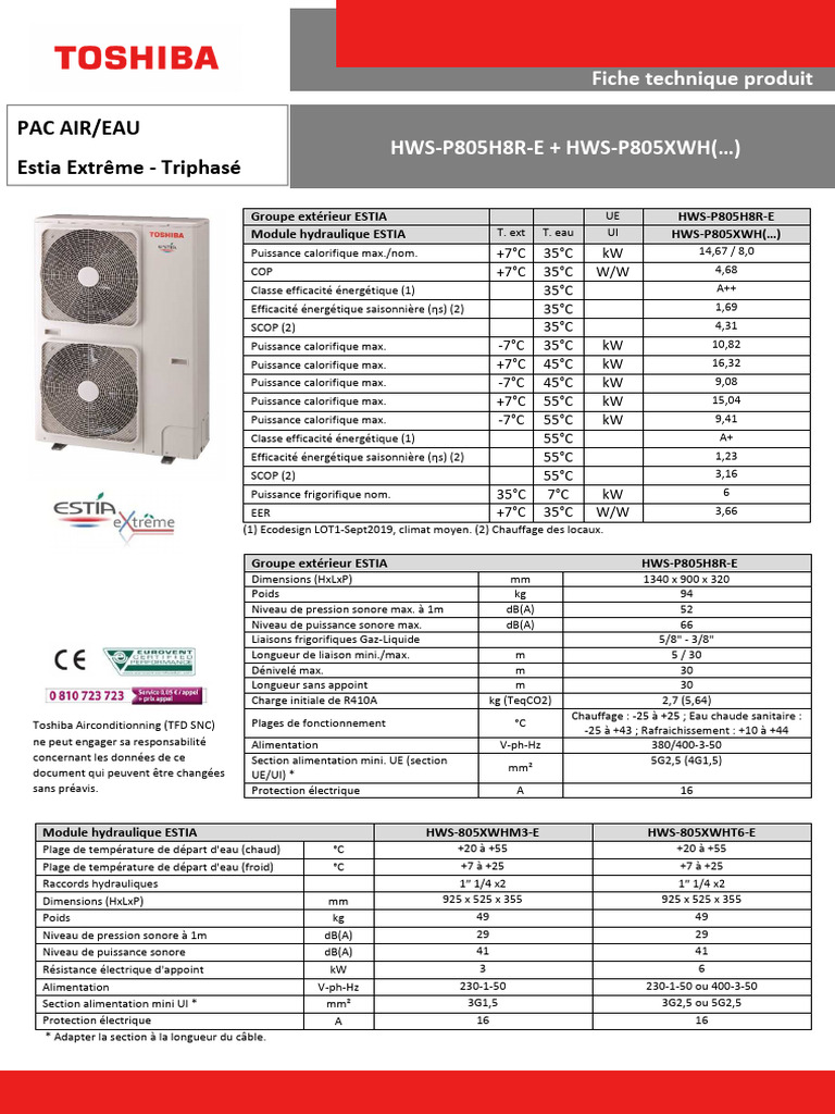 Fiche technique PAC AIR/EAU ESTIA | PDF | Puissance (physique) | Métrologie