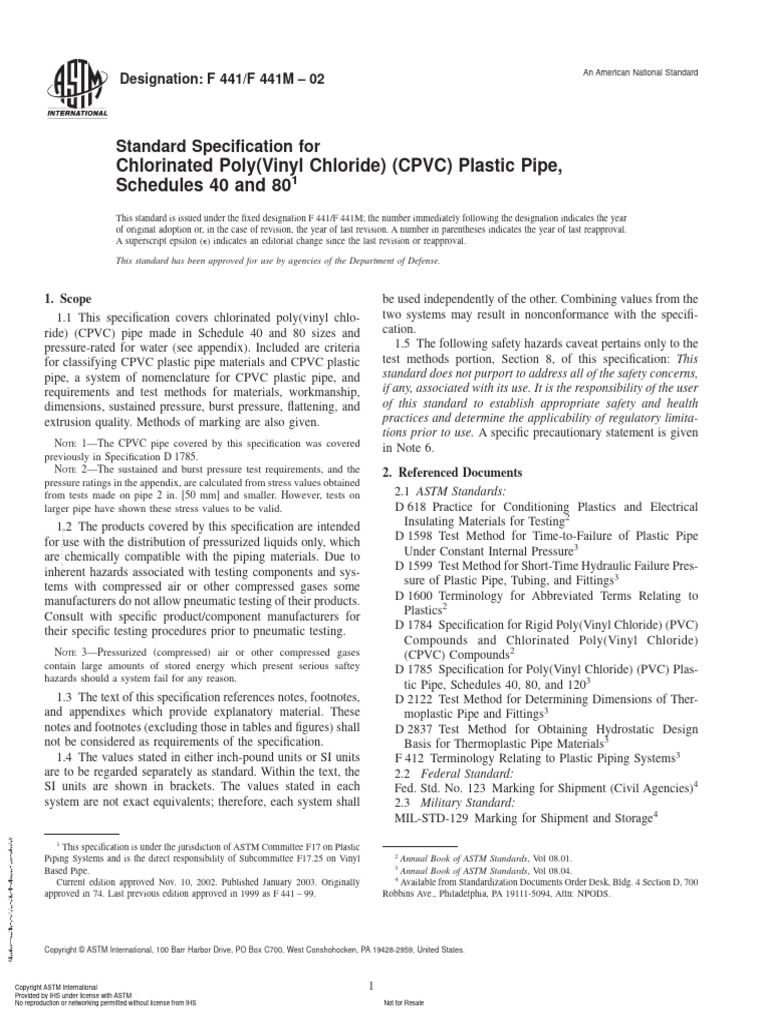 CPVC Pipe Specification F 441/F 441M | PDF | Polyvinyl Chloride | Pipe ...
