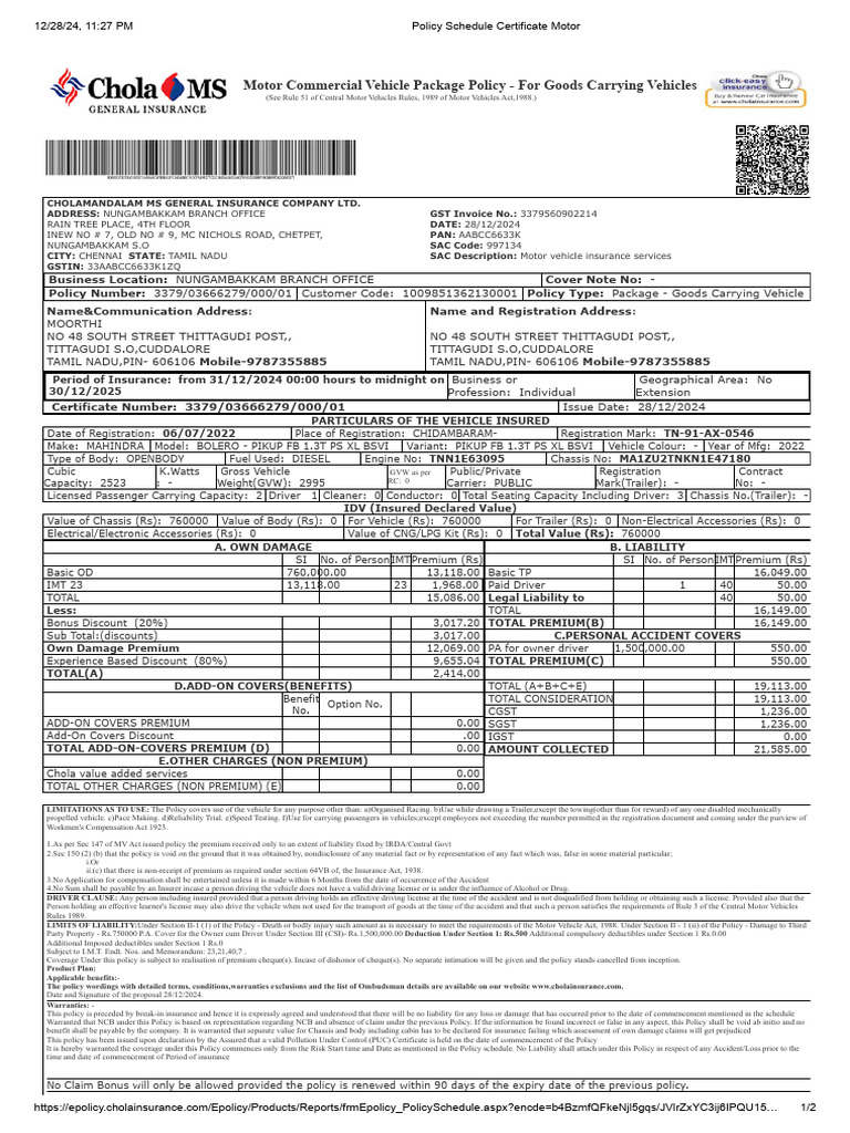 Motor Insurance Policy for Goods Vehicles | PDF | Insurance | Driver's ...
