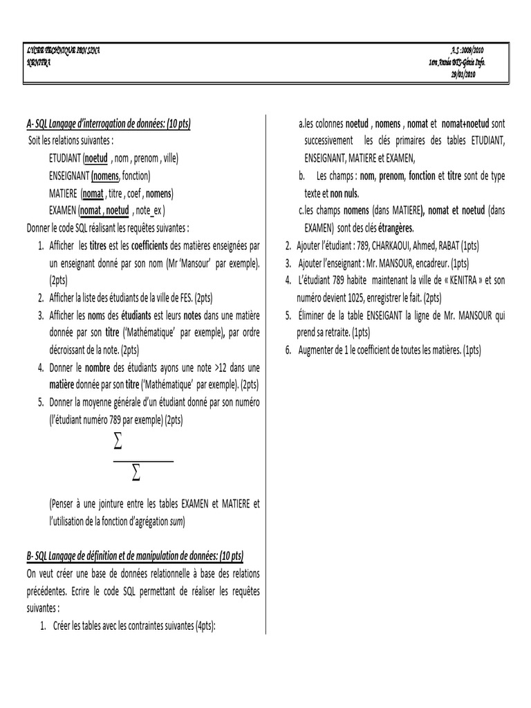 Contrôle n°2 en SGBDR et SQL | PDF | Base de données relationnelle | SQL
