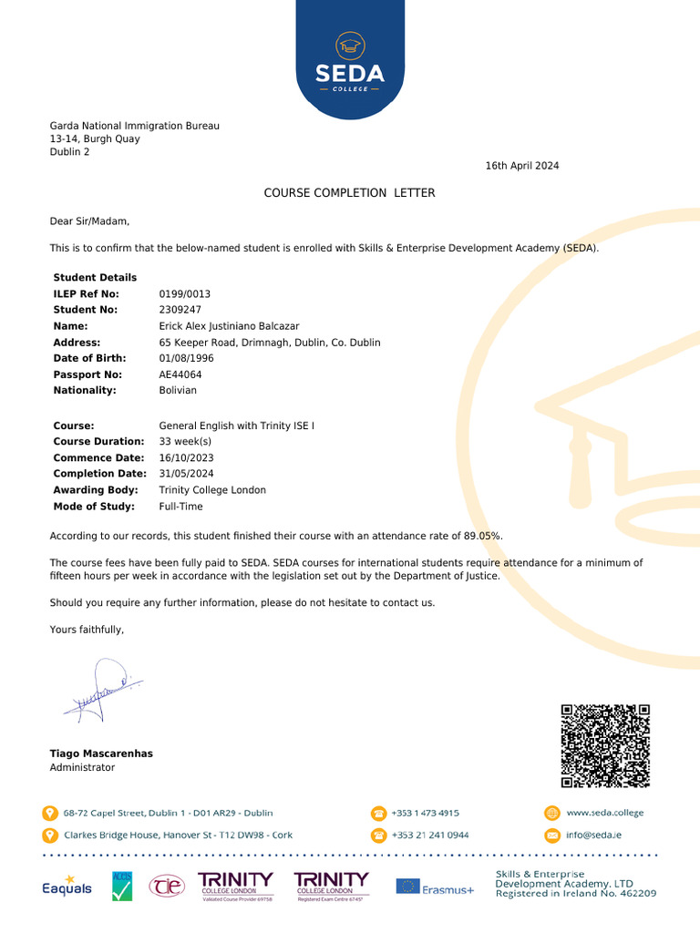Course Completion Letter for Erick Balcazar | PDF