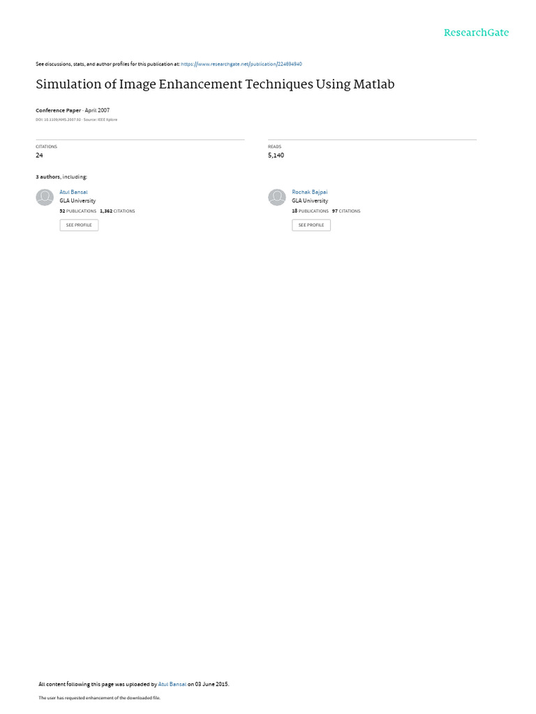 Image Enhancement in MATLAB Simulations | PDF | Multidimensional Signal ...