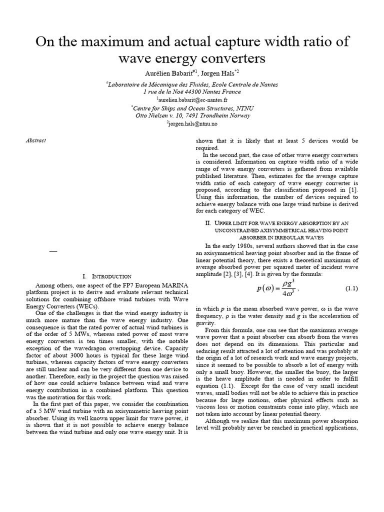 Capture Width Ratio in Wave Energy Converters | PDF | Waves | Wind Turbine