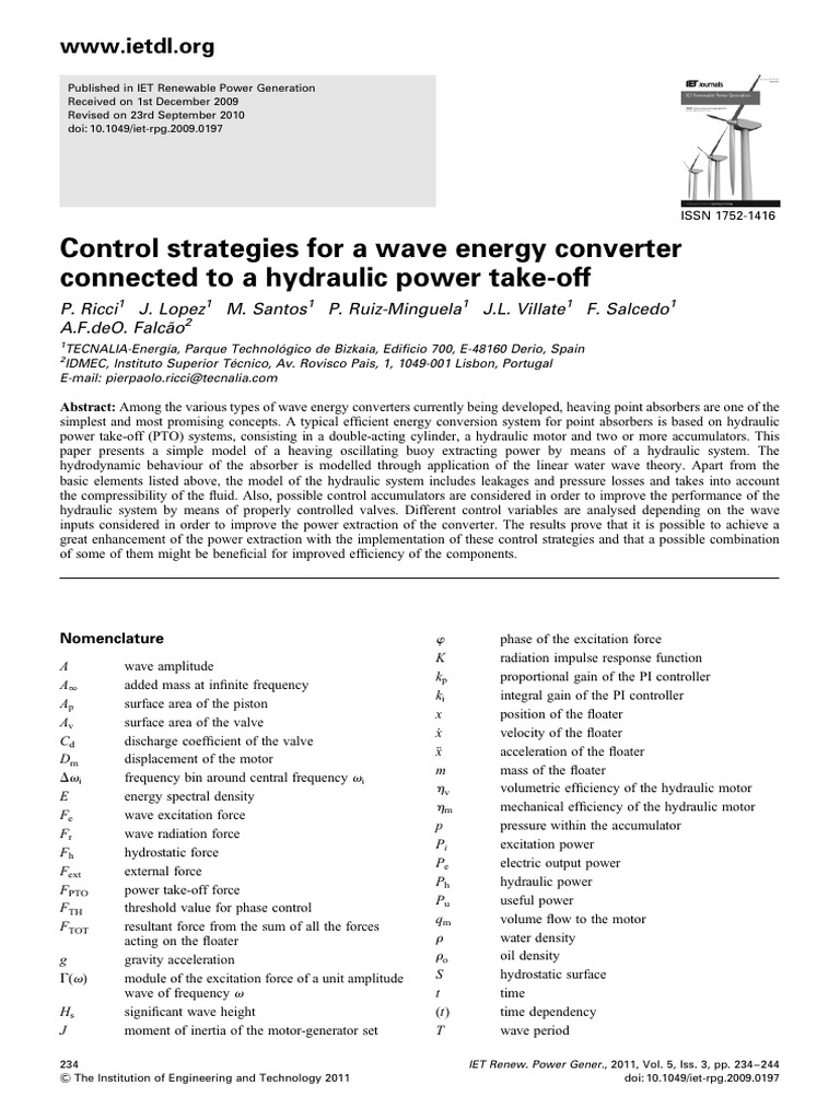2011 Control Strategies For A Wave Energy Converter | PDF | Waves | Force