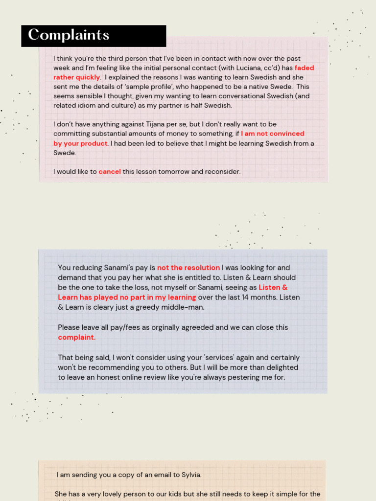 Customer Complaints About Language Lessons | PDF