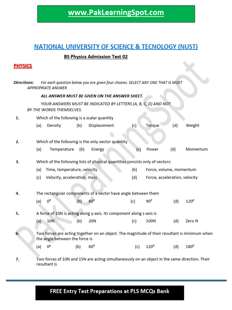 Nust Bs Physics Paper 02 PakLearningSpot | PDF | Force | Velocity