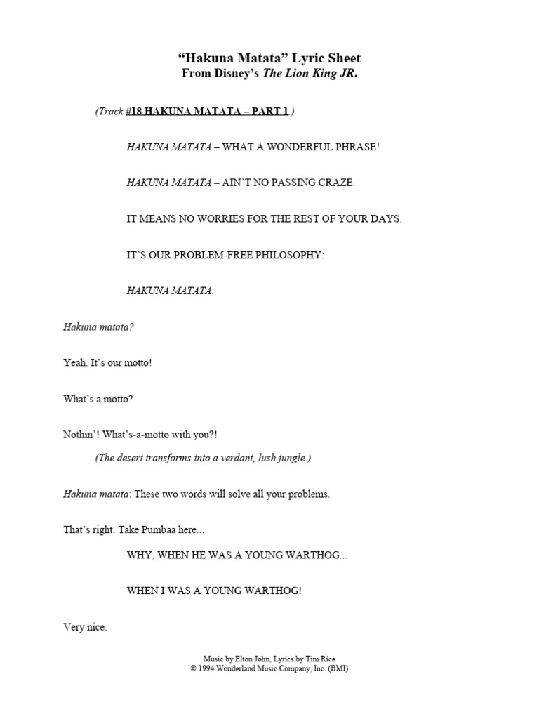 Hakuna Matata Lyrics from The Lion King JR | PDF | American Music ...
