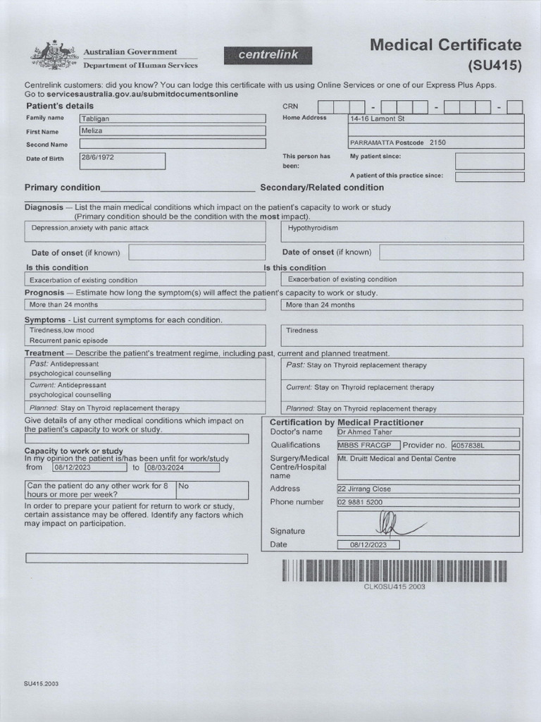 Centrelink Medcert Mel Tab | PDF