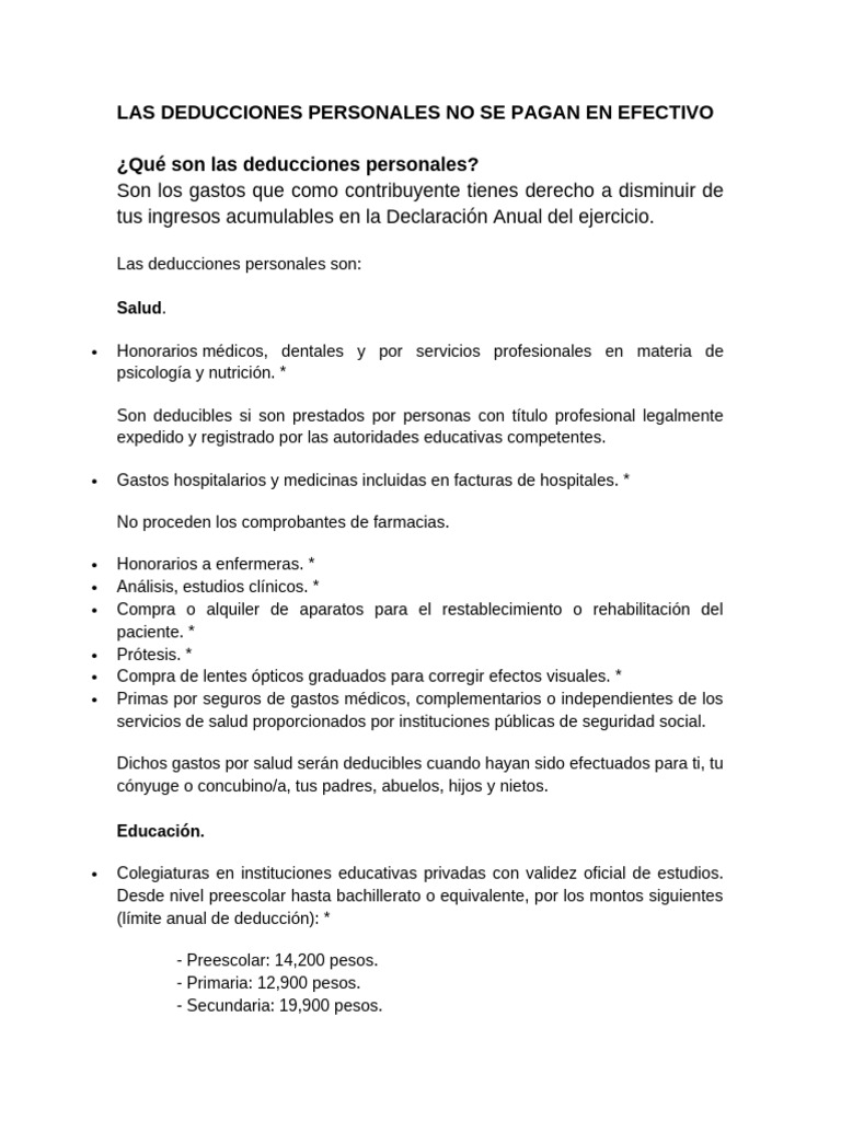 LAS DEDUCCIONES PERSONALES NO SE PAGAN EN EFECTIVO | PDF | Impuestos ...