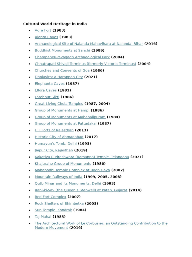 UNESCO World Heritage Sites in India | PDF