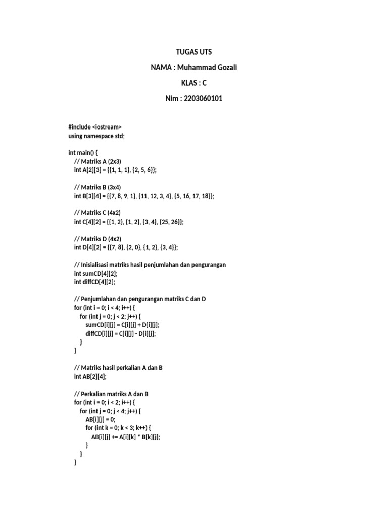 Matriks C++: Penjumlahan & Perkalian | PDF