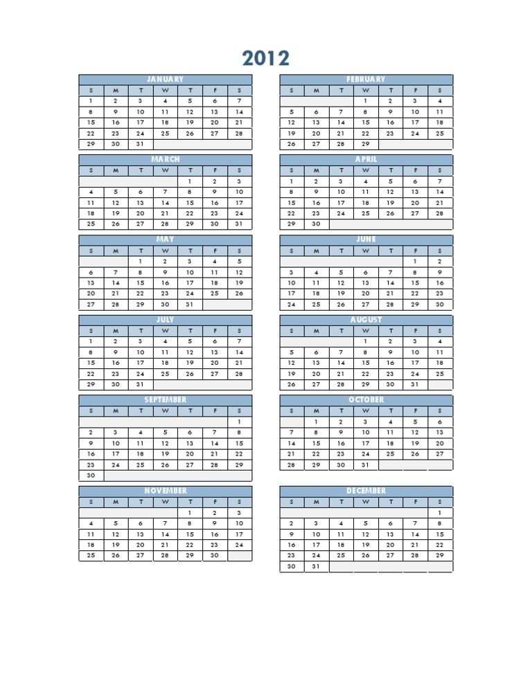 2012 Monthly Calendar Overview | PDF | Sports & Recreation