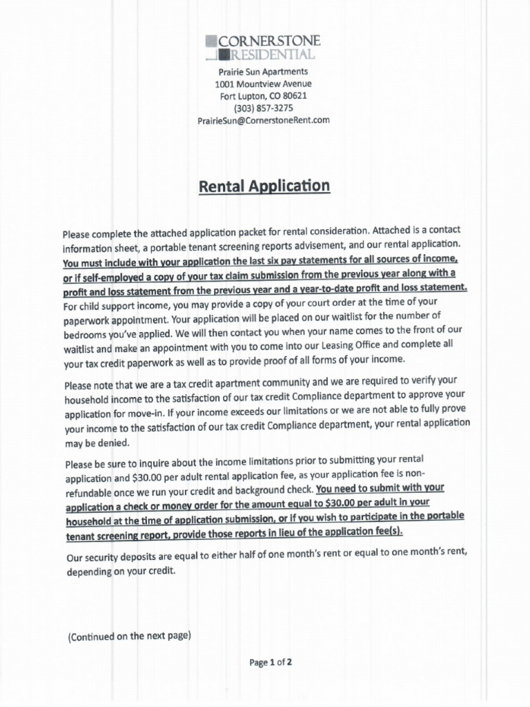 Prairie Sun Rental Application Packet | PDF