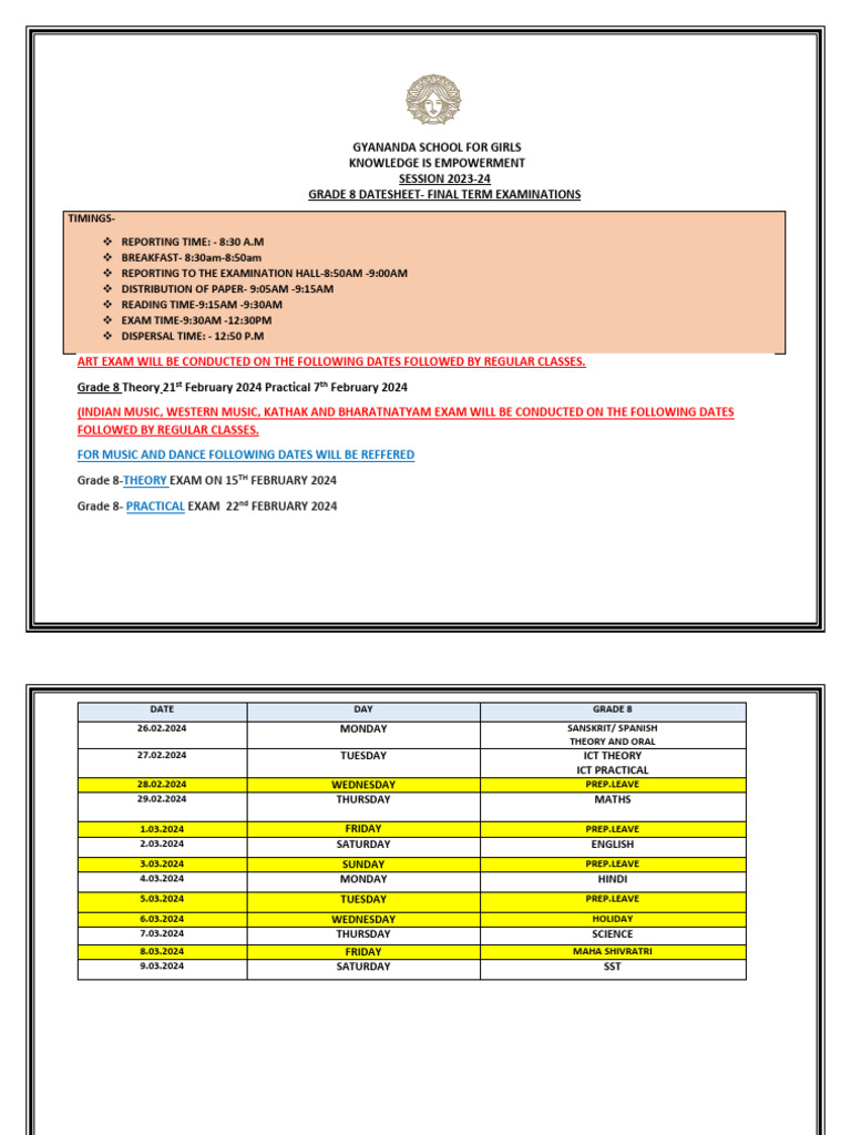 Final Exam Datesheet Grade 2 | PDF