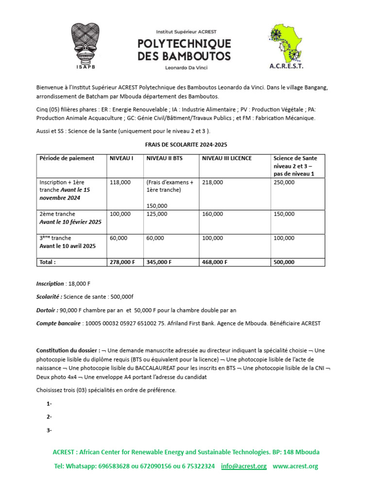 Frais de Scolarité ACREST 2024-2025 | PDF