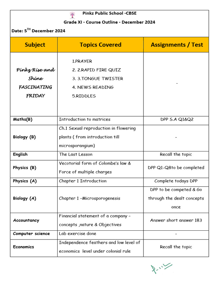 Grade XI Course Outline - December 2024 | PDF