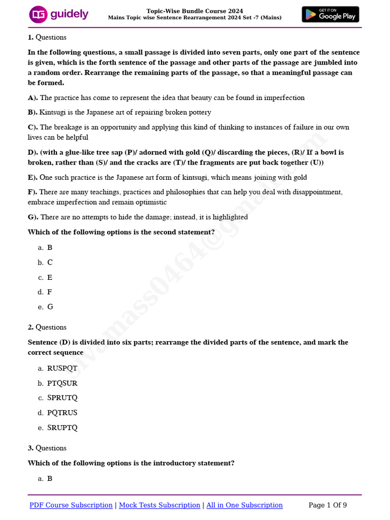 Sentence Rearrangement Practice 2024 | PDF