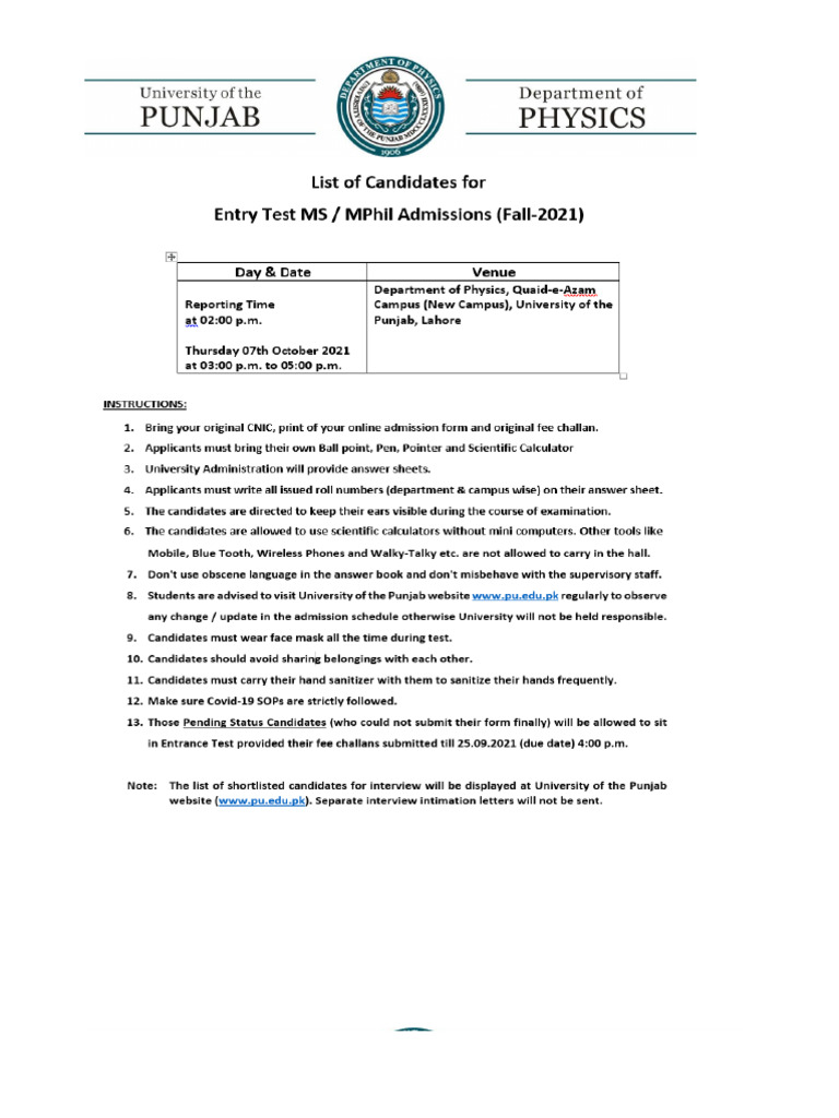 List of Candidates MPhil Physics Entry Test 2021 | PDF