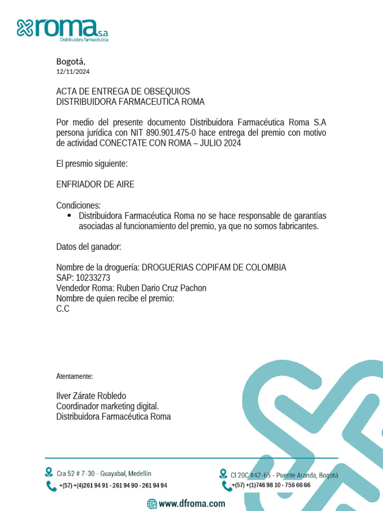 Acta de Entrega de Obsequios | PDF