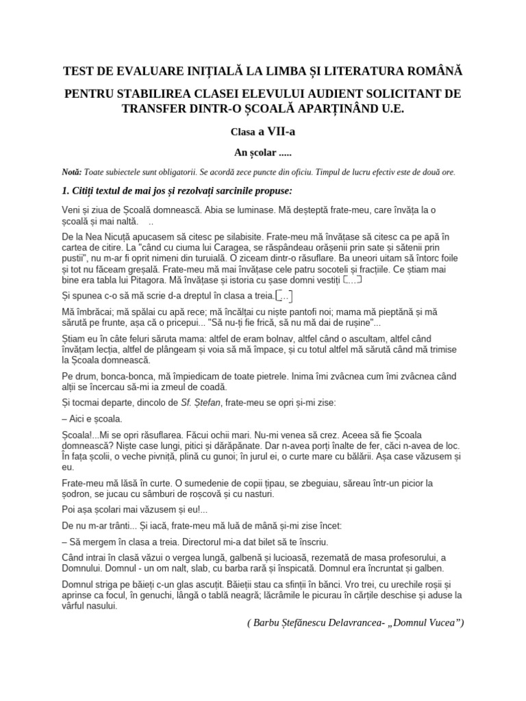 1 Test de Evaluare Initiala La Limba Romana | PDF