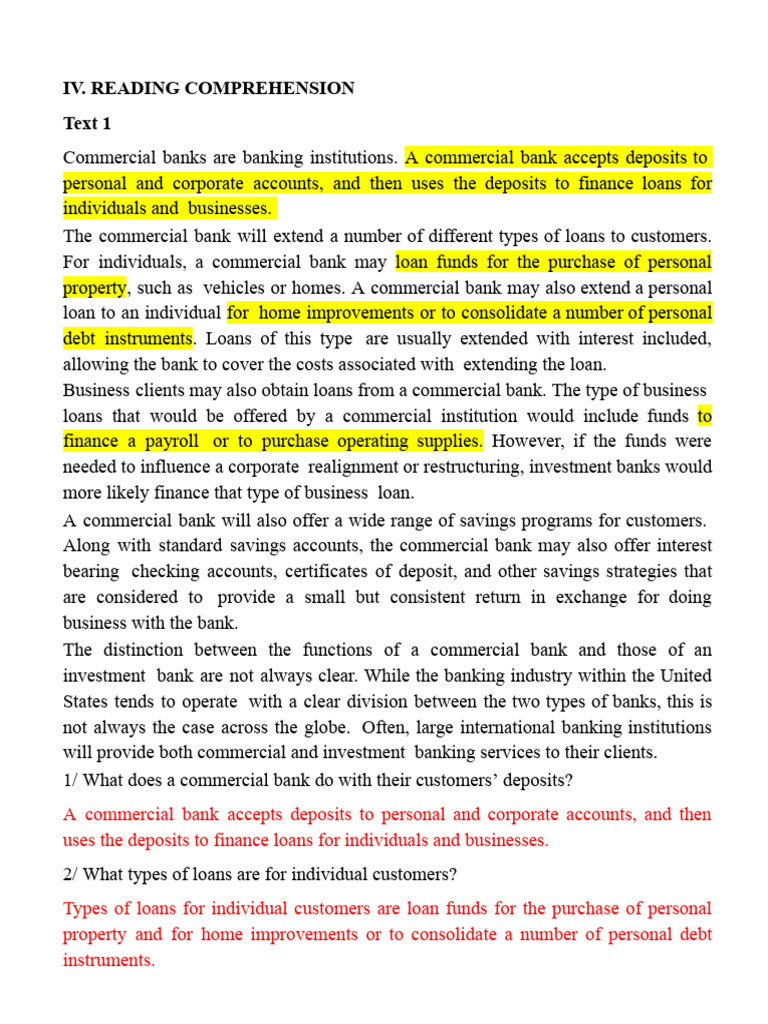 IV. Reading Comprehension | PDF | Banks | Credit Card