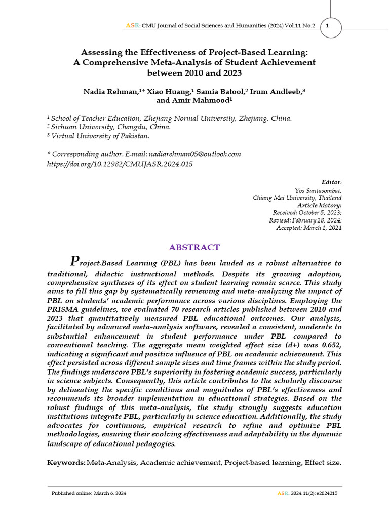 Assessing The Effectiveness of Project-Based Learning: A Comprehensive ...