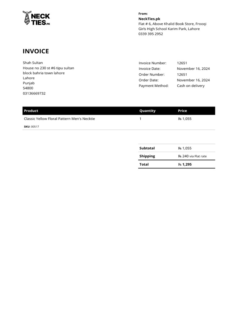 Invoice for Men's Necktie Purchase | PDF