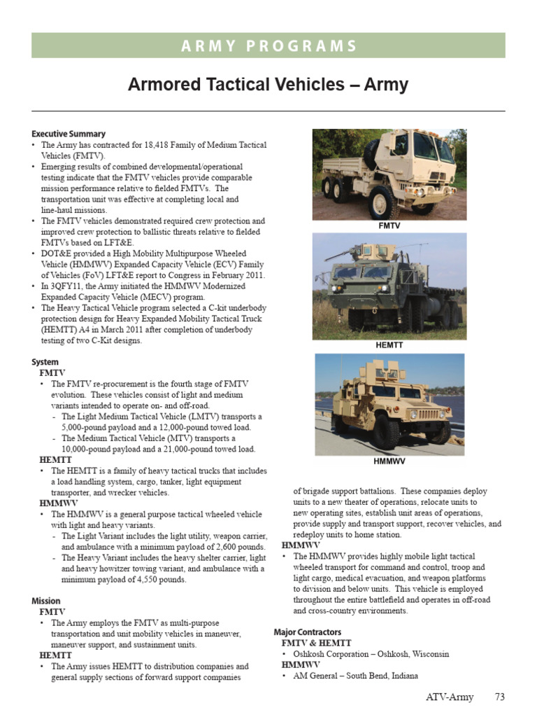 Army Tactical Vehicle Programs Overview | PDF | Humvee | Vehicles