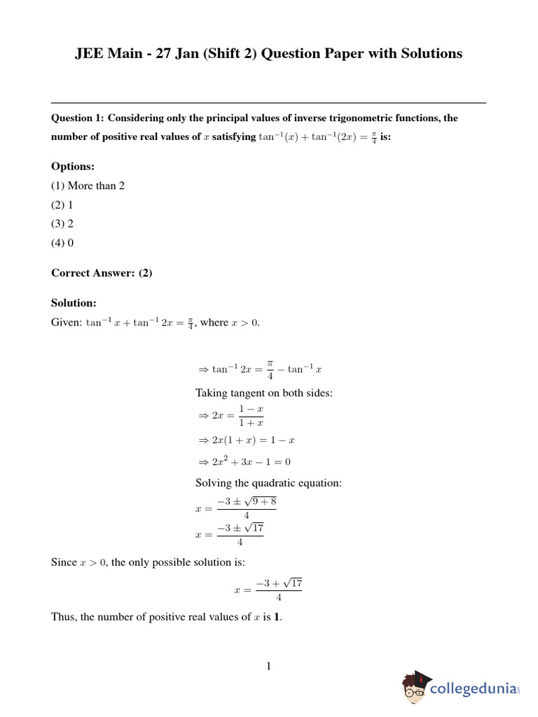 JEE Main 27 Jan Shift 2 Question Paper Solutions | PDF | Triangle ...