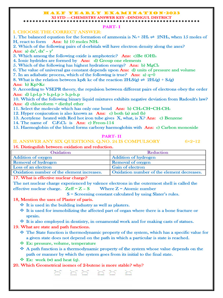 11th Chemistry EM Half Yearly Exam 2023 Answer Keys Dindigul District ...