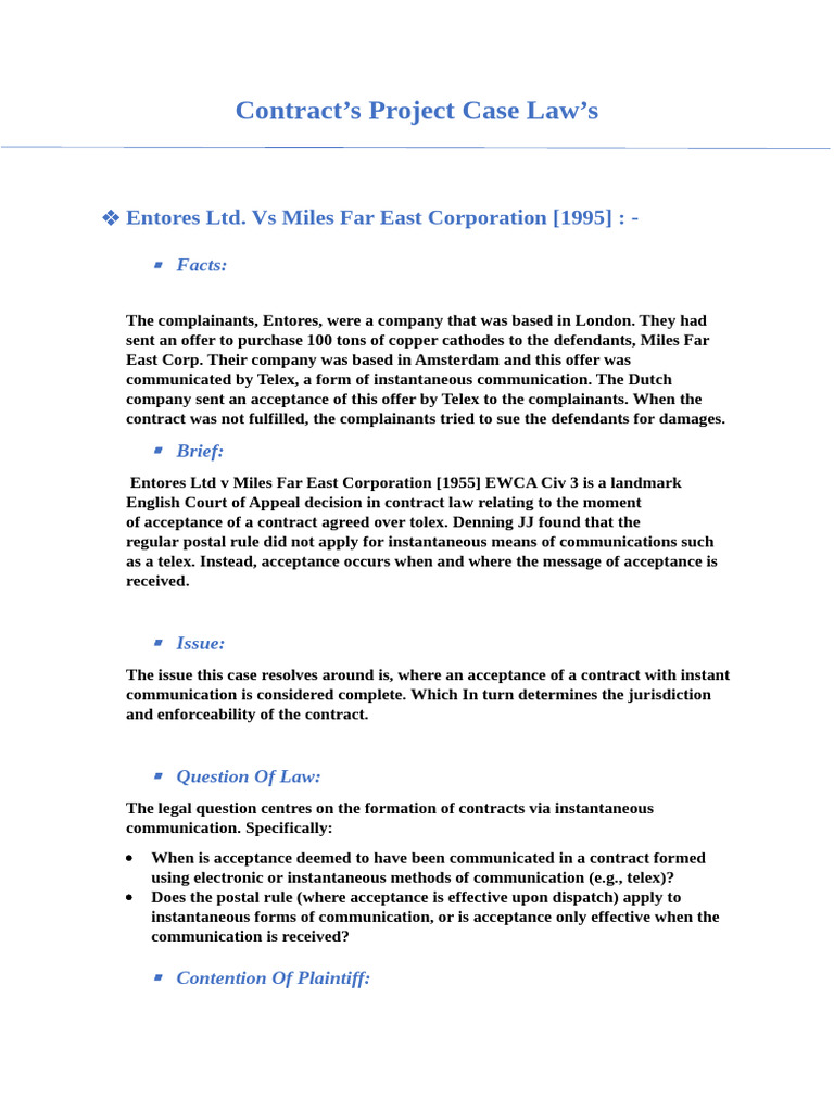 Contract Law Case Summaries: Key Rulings | PDF | Law Of Obligations ...