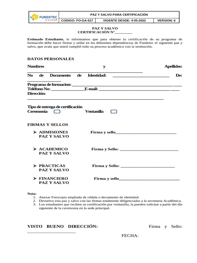 Paz y Salvo para Certificación 2022 | PDF | Documento de identidad